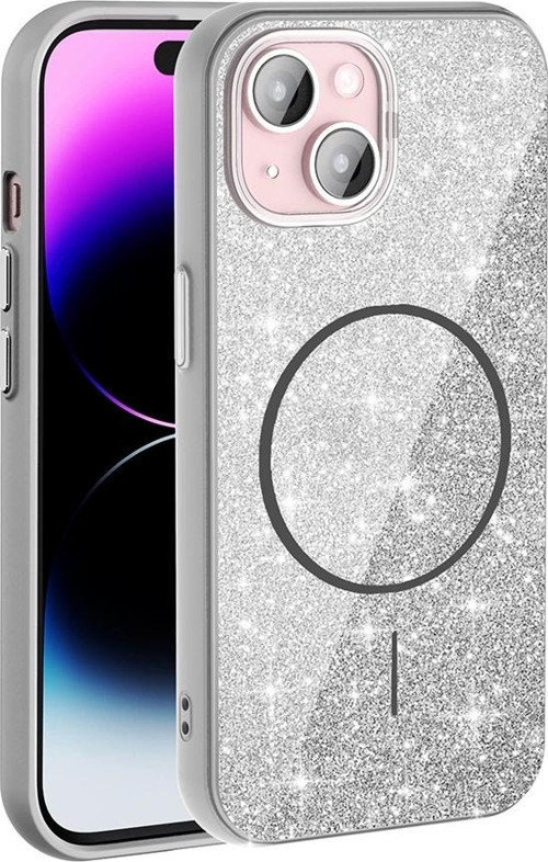 Apple İphone 15 Kılıf Magsafe Şarj Özellikli Parlayan Simli Zore Okso Kapak