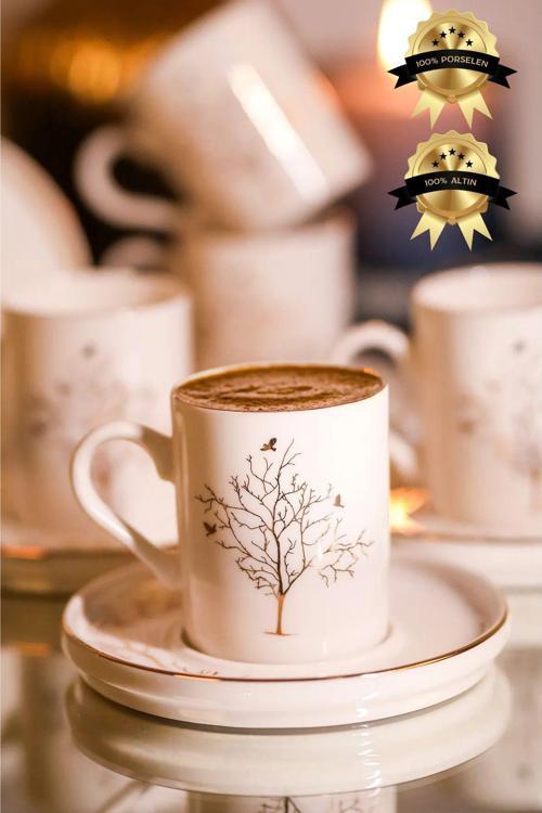 Hayat Ağacı 12 Parça 6 Kişilik Altın Yaldız Porselen Kahve Fincan Takımı