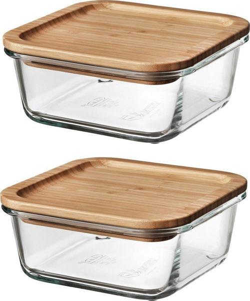 2 Adet Bambu Kapaklı Cam Saklama Kabı Kare Kase 15 Cm 600 Ml