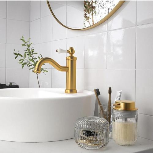 3 Lü Banyo Sabunluk Seti Gold Renk-Cam Sıvı Sabunluk-Diş Fırçalık-Cam Kutu