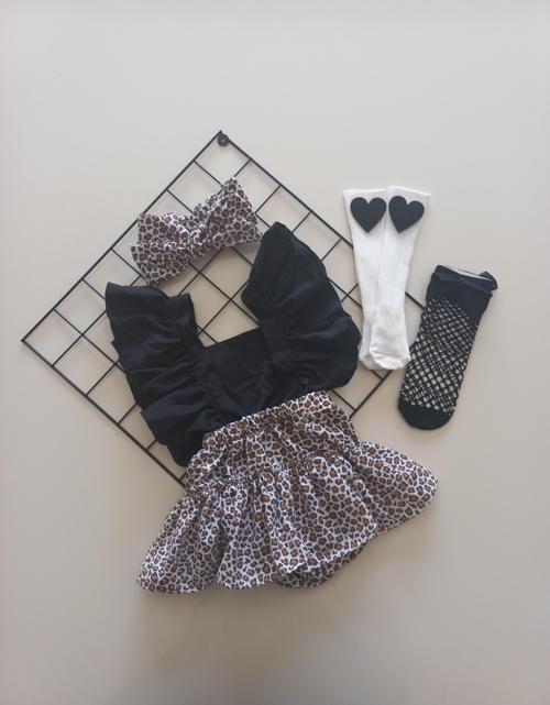 Kız Bebek Leopar Desenli Fırfırlı Salopet Bandana Siyah Çorap Takım
