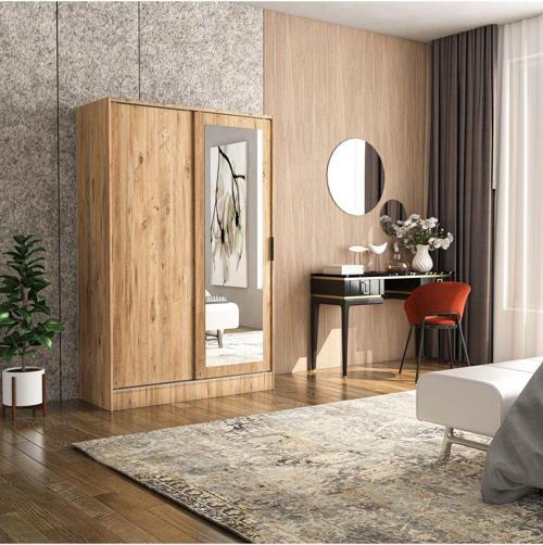 Berceste Atlantik Çam 2 Sürgü Kapaklı Aynalı 8 Bölmeli Dolap Gardırop 120x48 cm