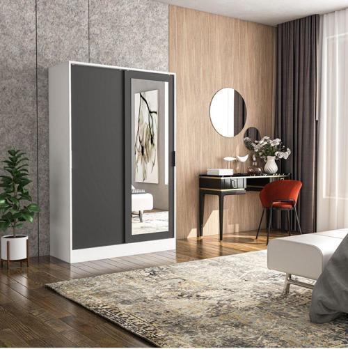 Berceste Antrasit Beyaz 2 Sürgü Kapaklı Aynalı 8 Bölmeli Dolap Gardırop 120x48 cm