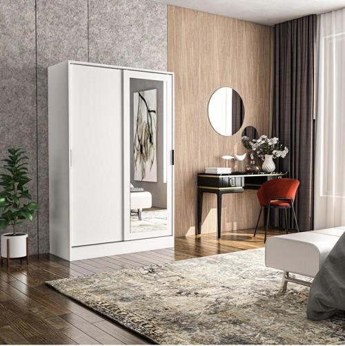 Berceste Beyaz 2 Sürgü Kapaklı Aynalı 8 Bölmeli Dolap Gardırop 120x48 cm
