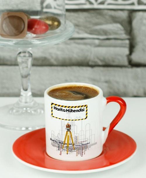 Harita Mühendisi Türk Kahvesi Fincanı Kırmızı