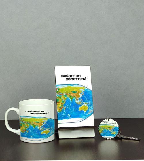 Coğrafya Öğretmeni Üçlü Set (Kupa + Telefon Standı + Anahtarlık)