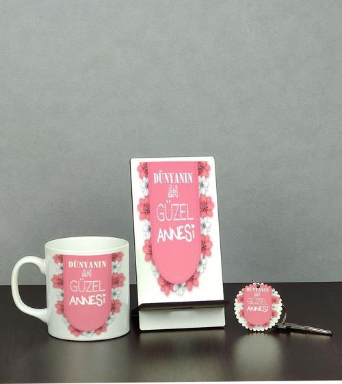 Dünyanın En Güzel Annesi Üçlü Set (Kupa + Telefon Standı + Anahtarlık)
