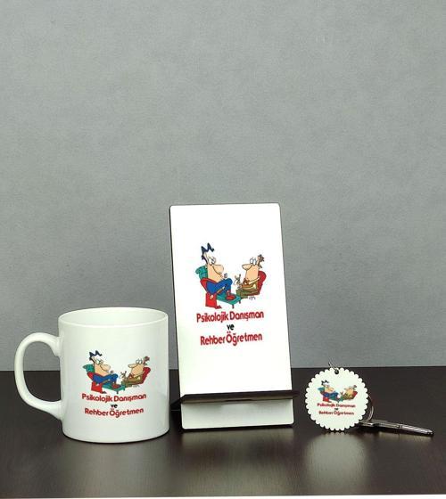 Psikolojik Danışman Ve Rehber Öğretmen Üçlü Set (Kupa + Telefon Standı + Anahtarlık)