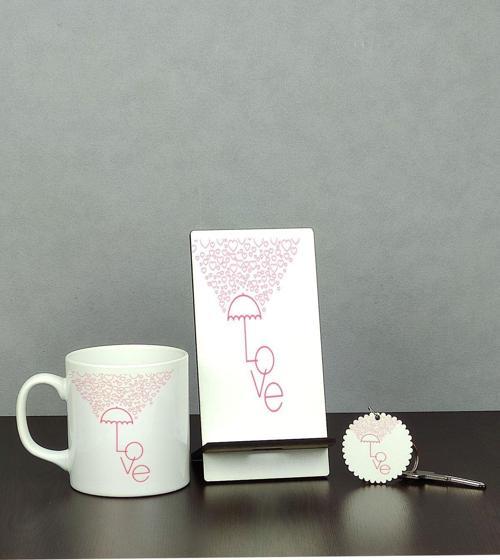 Love Şemsiye Tasarımlı Üçlü Set (Kupa + Telefon Standı + Anahtarlık)
