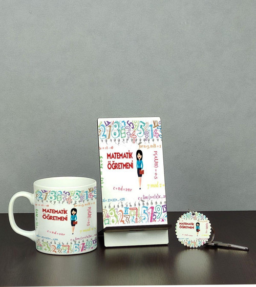 Matematik Öğretmeni Üçlü Set (Kupa + Telefon Standı + Anahtarlık)
