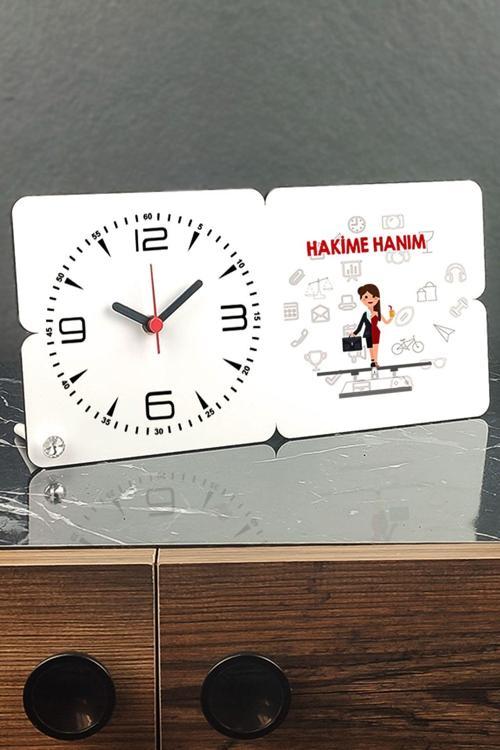 Beyaz Hakime Hanım Ahşap Masa Saati