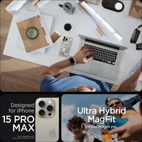 Manyetik Ultra Hybrid MagFit iPhone 15 Pro Max Kılıf Zero One Natural Titanium