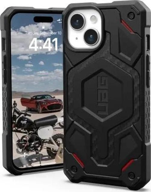 UAG Magnet MagSafe Monarch Pro iPhone 15 Kılıf Carbon Fiber with Red Accent Corner