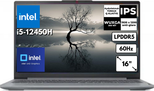IdeaPad Slim 3 3 i5-12450H 8-GBDDR5 512 GB SSD 16" WUXGA (1920x1200) FreeDos Notebook 83ES0033TR BT2