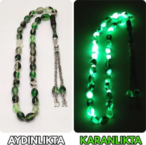 Kişiye özel Harfli - Parçalı Fosforlu Kedigözü - Toz Kehribar Tesbih / Tespih