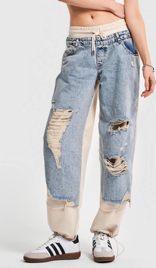 Kadın Tint Kot Rengi Lazer Detaylı Skater Jogger Fit Denim
