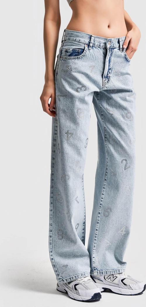Kadın Snow Kot Rengi Parlak Taşlı Harf Detaylı Loose Fit Denim