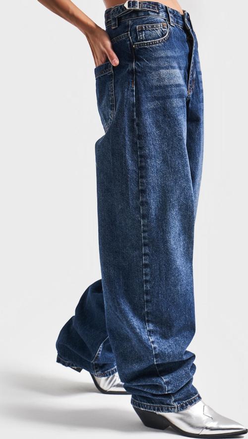 Kadın Mavi Renk Belden Ayarlı Kemer Süper Uzun Bol Kesim Jean