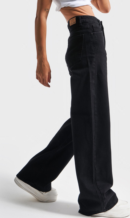 Kadın Siyah Black Od Renk Wide Leg Fit Rahat Kalıp Yüksek Bel Denim