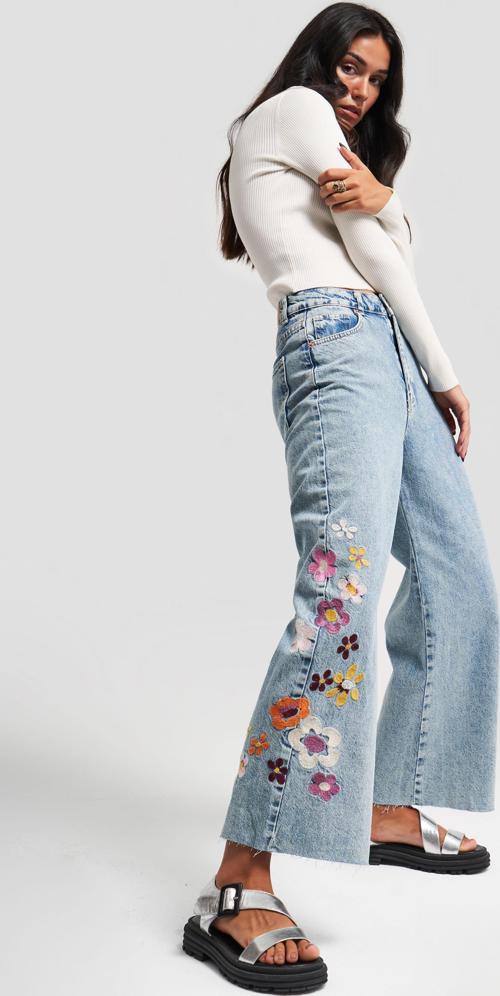 Kadın Snow Kot Rengi Çiçek Nakışlı Culotte Fit Tasarım Denim