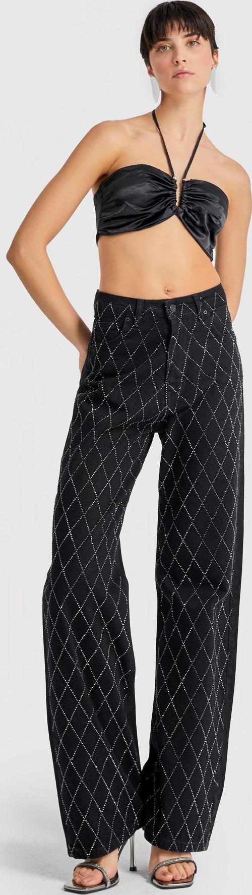 Kadın Siyah Renk Önü Komple Taşlı Straight Fit Orta Bel Denim