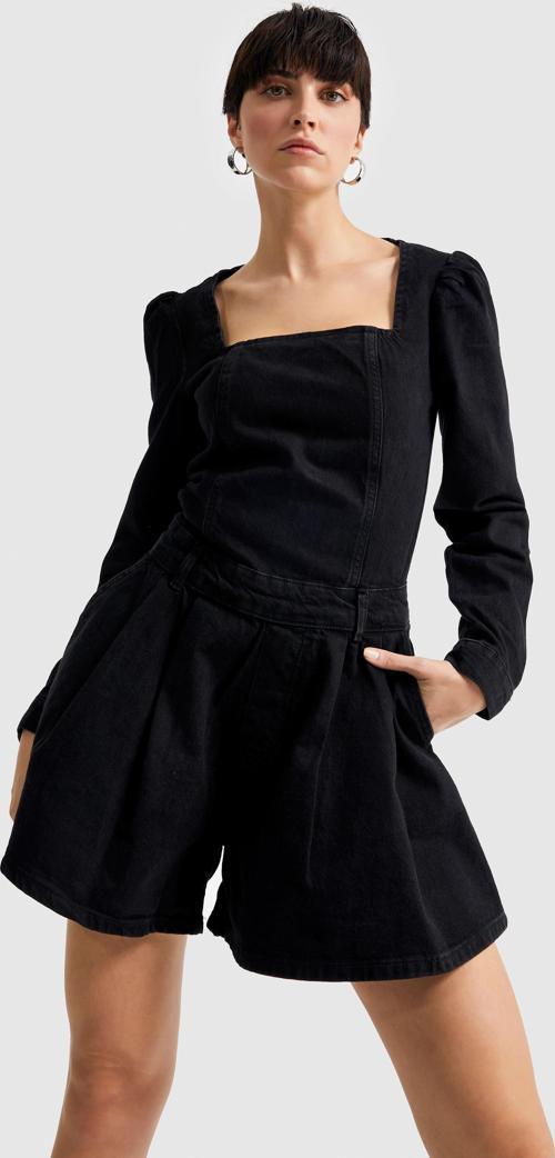 Kadın Siyah Black Od Renk Uzun Kollu Denim Şort Tulum