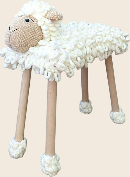 Hayvan Figürlü Ahşap Amigurumi Çocuk Taburesi Bench Kuzu