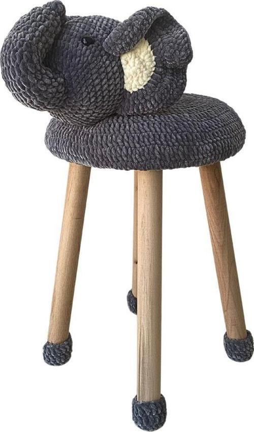 Hayvan Figürlü Ahşap Amigurumi Çocuk Taburesi Fil
