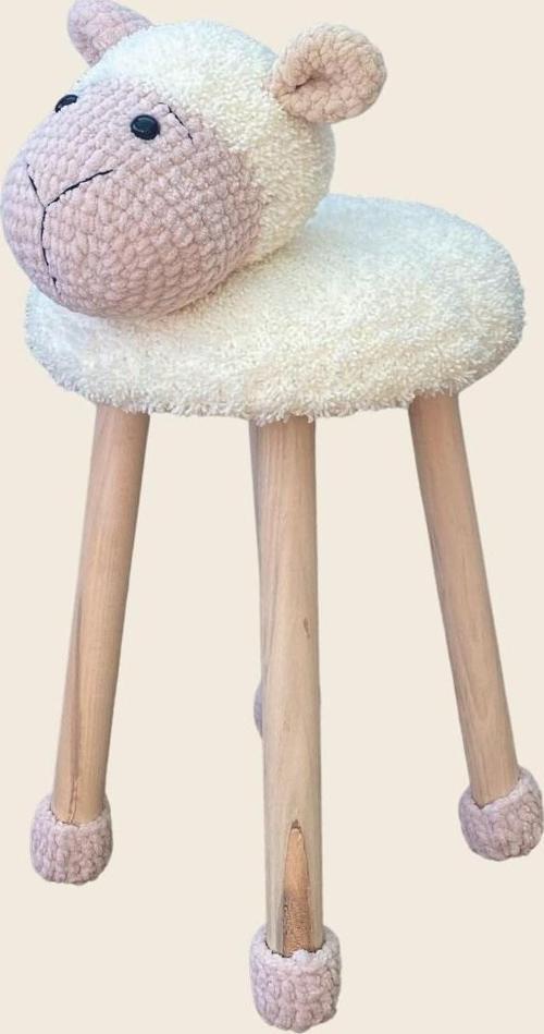 Hayvan Figürlü Ahşap Amigurumi Çocuk Taburesi Kuzu