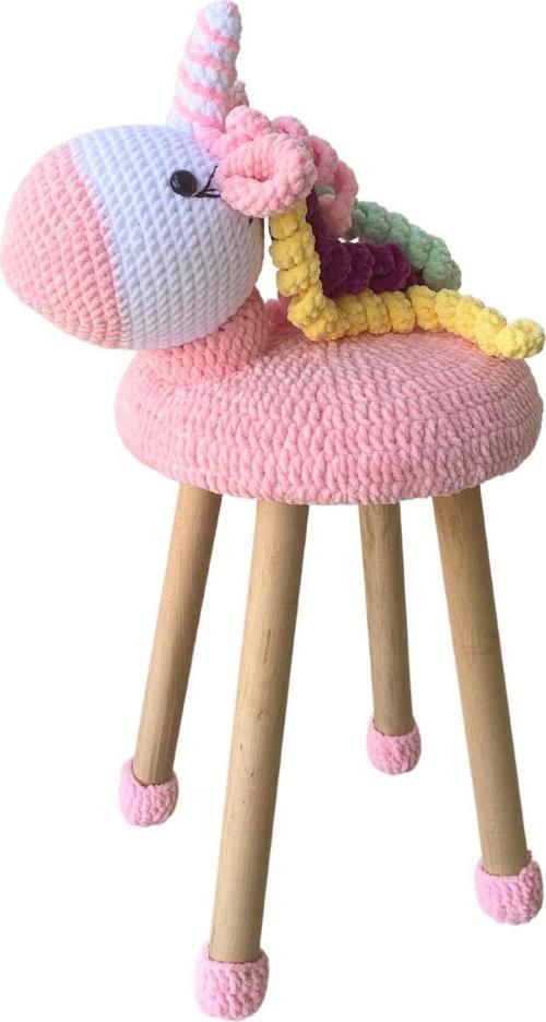 Hayvan Figürlü Ahşap Amigurumi Çocuk Taburesi Unicorn