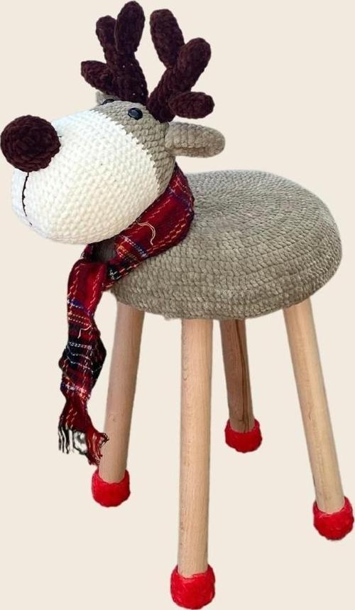 Hayvan Figürlü Ahşap Amigurumi Çocuk Taburesi Yılbaşı Geyik