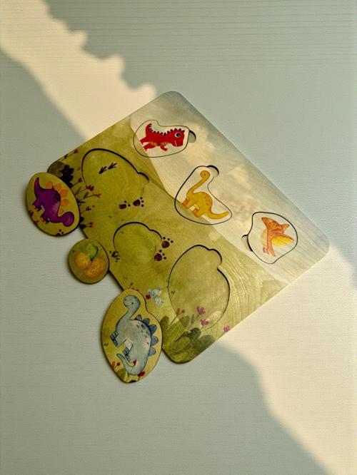 Dino Dünyası, Ahşap Çocuk Puzzle, Renkli Dinozor Yapboz, 6 Parça, Renkli, Bul Tak Bulmaca