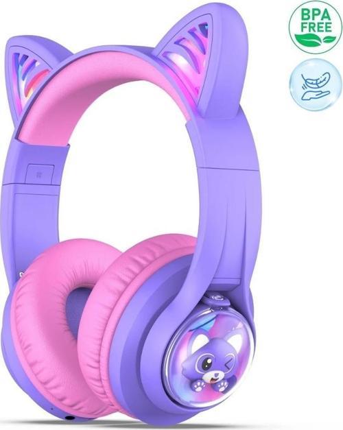 Kedi Kulaklı Led Işıklı Güvenli Ses Sınırlı 45 Saat Oynatma Süreli Bluetooth Çocuk Kulaklığı Mor