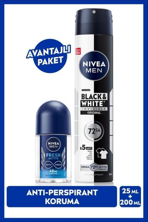Men Erkek Sprey Deodorant Black & White Invisible Original 200ml Ve Fresh Active Mini Roll-on 25