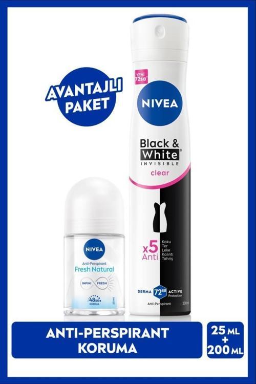 Kadın Sprey Deodorant Black&White Invisible Clear200ml ve Mini Roll-on Fresh Natural 25ml,Ter Koruma
