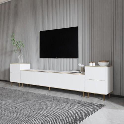 Tv Sehpası Kozan Set Beyaz Mermer Desen Gold 260 Cm