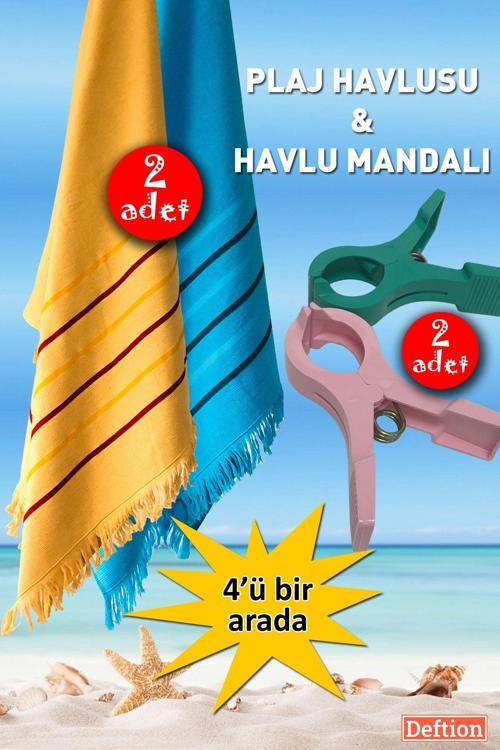 4Lü Set Sarı Mavi Plaj Havlusu Ve Havlu Şezlong Mandalı Seti Tatil Deniz Peştemal Havuz Peştemali
