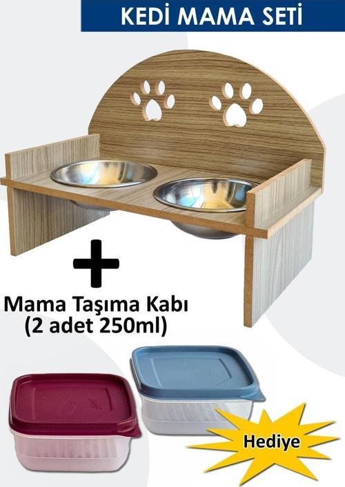 Premium Ahşap Kedi Mama Kabı 2 Kaseli Kedi Köpek Suluk Mamalık Ve Mama Taşıma Saklama Kabı Oval