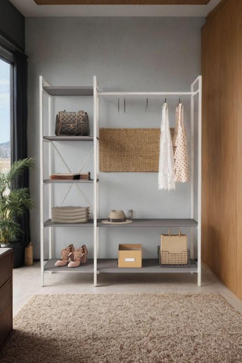 B.d Nilamu Elbise Dolabı , Metal Aksamlı, Antrasit, Açık Dolap, Organizer, Askılık 130*170*34 Cm