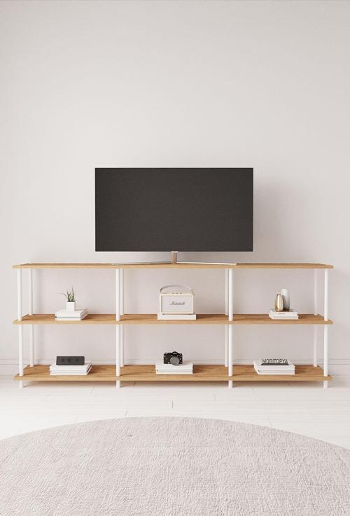 Çevir Kur 200 Cm Atlantik Çam B.d Raflı Tv Sehpası, Tv Ünitesi 200*71*29 Cm