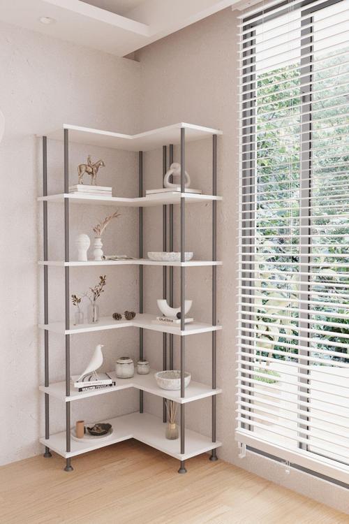 Çevir Kur Beyaz Çok Amaçlı Dekoratif Köşe Kitaplık 71*74*177