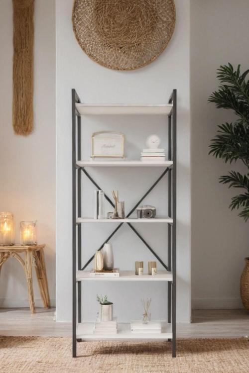 Nilamu Beyaz 65 Cm Kitaplık, Metal Aksamlı, Organizer, Ofis, Ev, 65*170*34 Cm