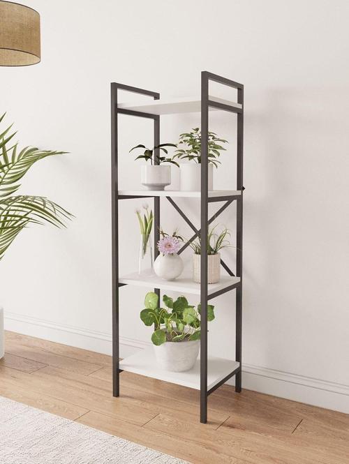 Nilamu Beyaz Saksılık, 4 Raflı, Metal Aksamlı, Kitaplık, Organizer, Ofis, Ev, Dekoratif 45*135*30 Cm