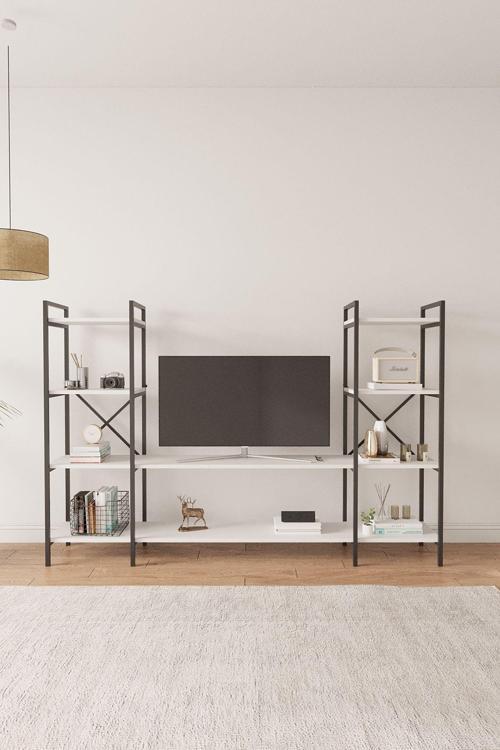 Nilamu Beyaz Tv Ünitesi, Açık Raf, Kitaplık, Ofis, Ev, Salon, Tv Sehpası, Dekoratif 200*135*30 Cm
