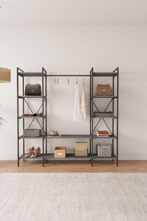 Nilamu Elbise Dolabı, Metal Aksamlı, Antrasit Gri, Açık Dolap, Organizer, Askılık 130*170*34 Cm