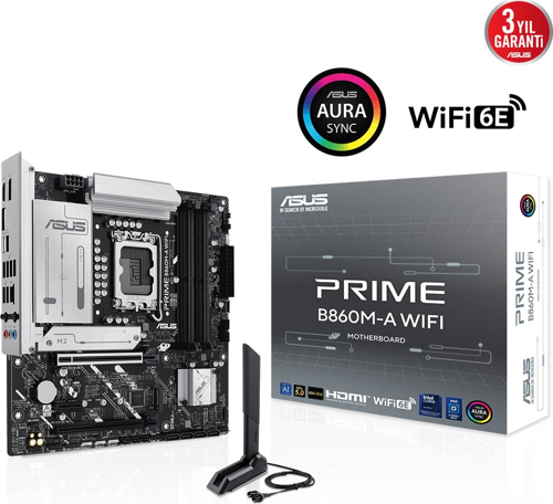 PRIME B860M-A WI-FI, 4xDDR5 2x M.2, HDMI, 2xDP, Wİ-Fİ 6E, Bluetooth v5.3, Type-C, Intel Core Ultra CPU(Seri 2), LGA