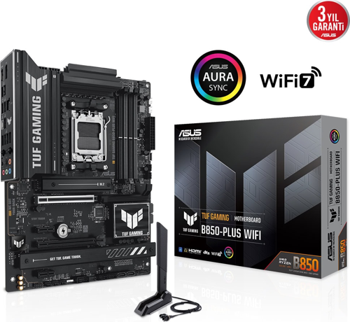 TUF GAMING B850-PLUS WIFI, 4xDDR5, 3x M.2, HDMI, DP, Type-C, Wi-Fi 7, Bluetooth v5.4, AMD Ryzen 9000 Serisi, AM5 So