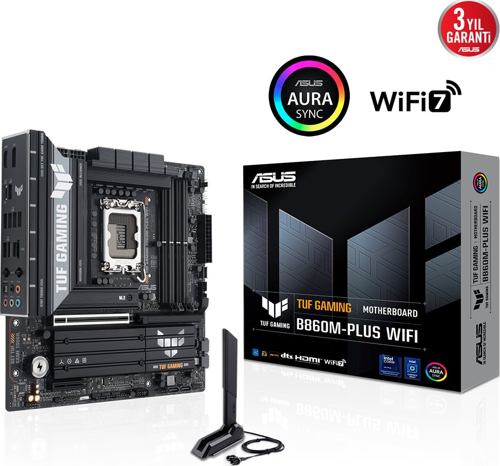 TUF GAMING B860M-PLUS WIFI, 4xDDR5, 3xM.2, HDMI, DP, Wi-Fi 7, Bluetooth v5.4, Intel Core Ultra CPU(Seri 2), LGA1851