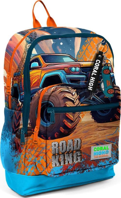 Kids Mavi Turuncu High Wheels Truck Desenli Dört Bölmeli Okul Sırt Çantası 23778