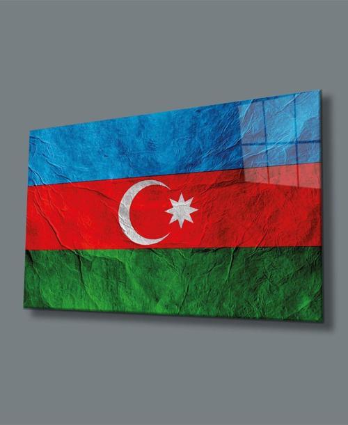 Dokulu Azerbaycan Bayrağı Cam Tablo, Uv Baskılı Ve Temperli, Hediyelik
